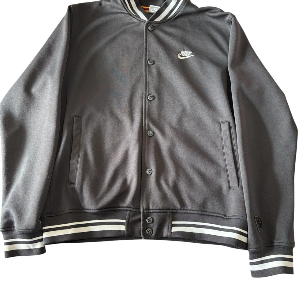Nike Men's Baseball Varsity Jacket Large Gray Snap Up Retro Striped Detail Logo